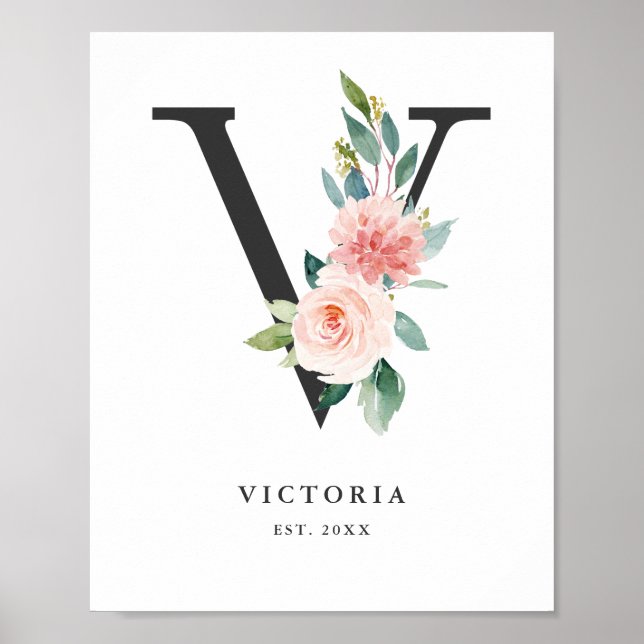 Poster Letra V Monograma Aquarela Peach Floral Nursery (Frente)