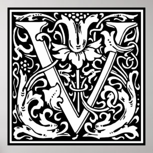 Pôster Letra V Monograma Medieval Arte Nova