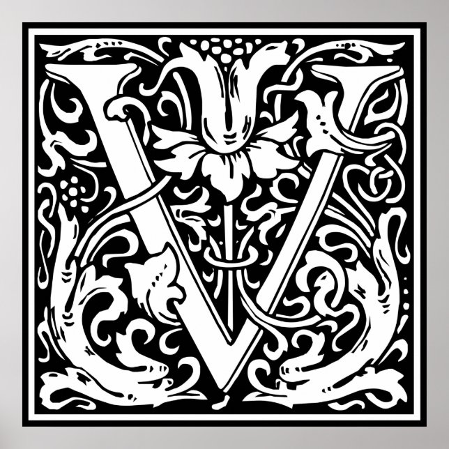 Pôster Letra V Monograma Medieval Arte Nova (Frente)