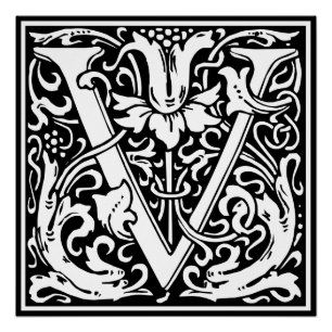 Pôster Letra V Monograma Medieval Arte Nova