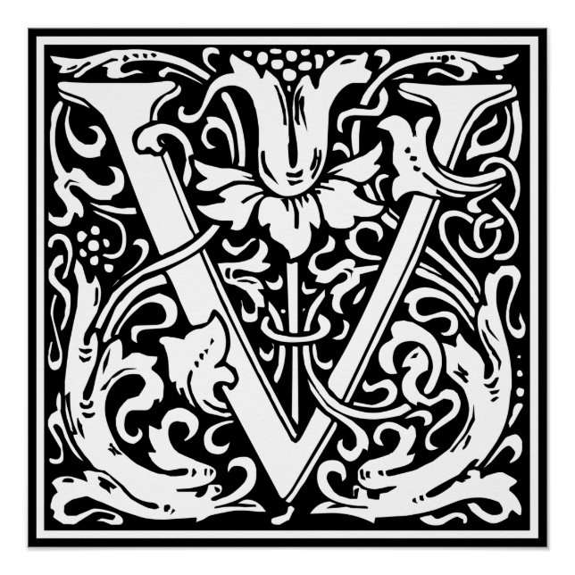 Pôster Letra V Monograma Medieval Arte Nova (Frente)