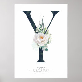 Poster Letra Y Monograma Flores Brancas e Folhagens