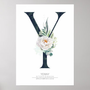Poster Letra Y Monograma Flores Brancas e Folhagens