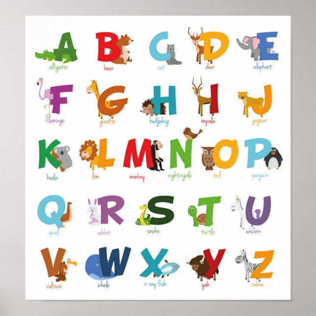 Poster Letras alfabéticas coloridas para animais (Frente)