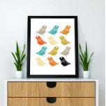 Poster Letras Coloridas Modernas de Meio século de Aves<br><div class="desc">Esta fabulosa arte de parede moderna meio século apresenta linhas de pássaros brilhantes,  em cores turquesa,  laranja,  creme,  verde,  bronzeado e preto. Isso vai fazer uma adição colorida à sua decoração!</div>
