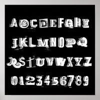 Letras e números alfabéticos ABC | Preto e branco