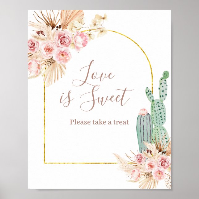 Poster Letreiro de Aquarela Rosa Boho Cactus O Amor é Doc (Frente)