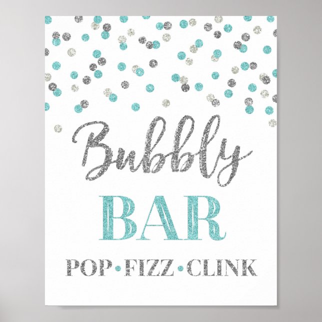 Poster Letreiro de Barra Bubbly Confete Prata Azul (Frente)