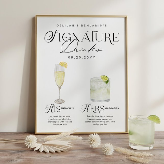 Poster Letreiro de Bebida Personalizada de Casamento com  (Watercolor Signature Drink Wedding Bar Sign)