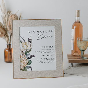 Poster Letreiro de Bebidas com Assinatura Floral Branca