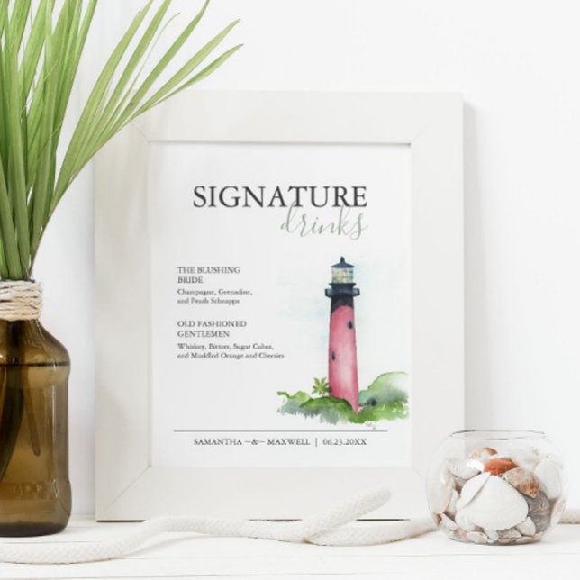 Poster Letreiro de Bebidas Especiais 8x10 para Casamento  (Wedding signature drinks sign watercolor lighthouse art by Victoria Grigaliunas of Do Tell A Belle)