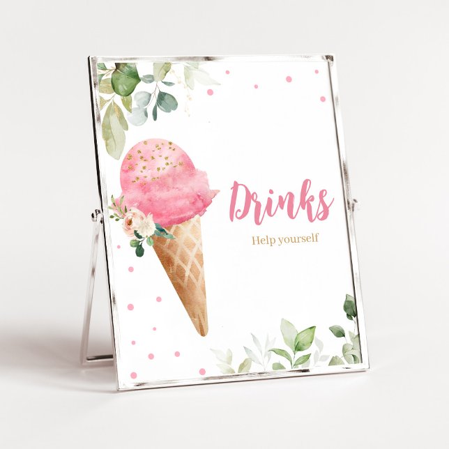 Poster Letreiro de Bebidas para Chá de Bebê com Sorvete R (Girl Ice Cream Baby Shower Drinks Sign)