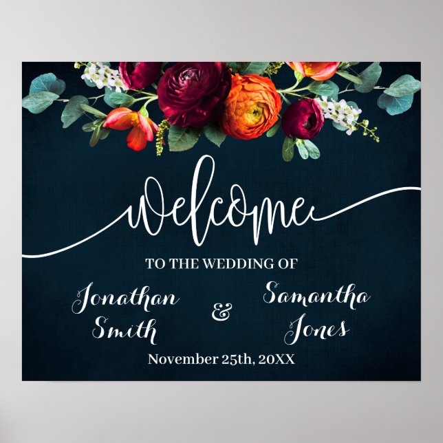 Poster Letreiro de Boas-Vindas de Casamento Vinho Azul-Ma (Frente)