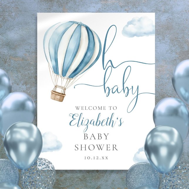 Poster Letreiro de Boas-Vindas de Chá de Bebê com Balão A (Blue Hot Air Balloon Boy Baby Shower Welcome Sign)