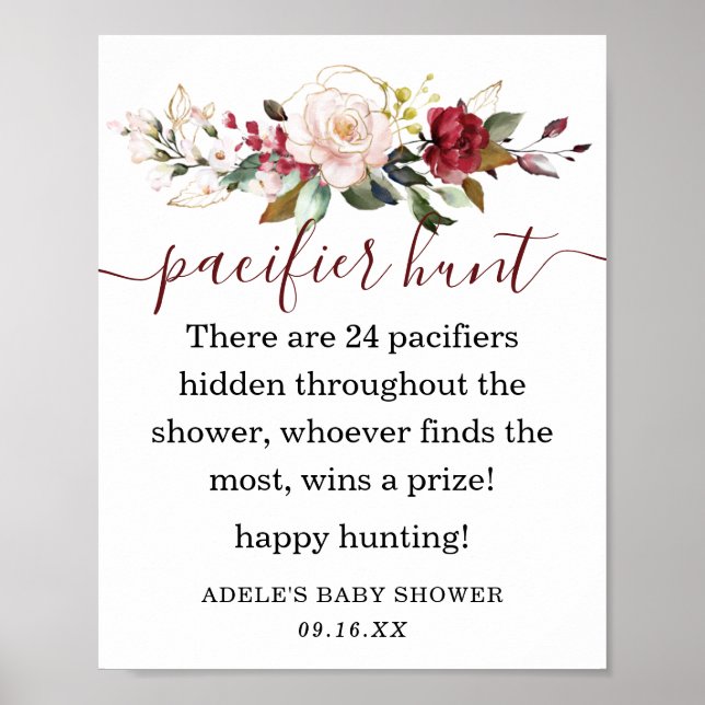 Poster Letreiro de Caça ao Chupeta Floral em Dourado e Bo (Frente)