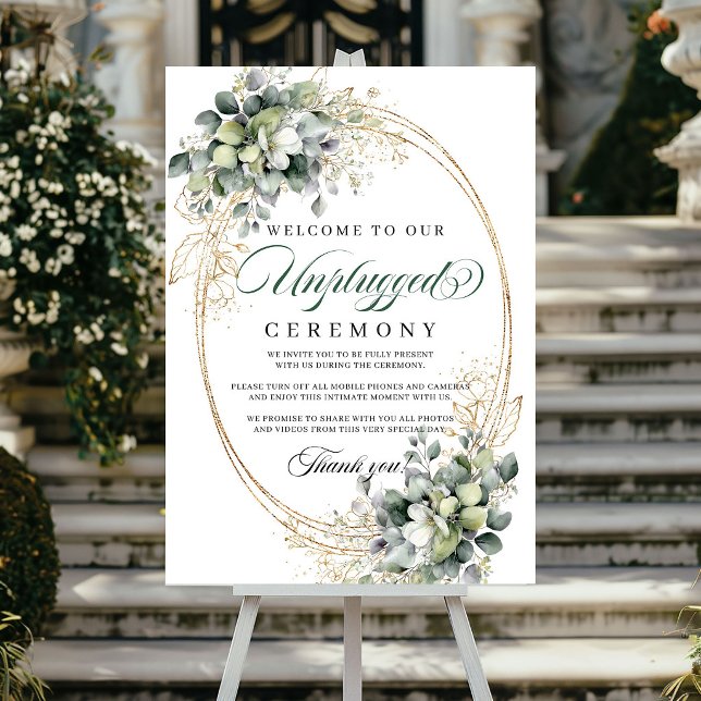Poster Letreiro de Casamento Cerimônia Desconectada Folha (Green Gold Foliage Unplugged Ceremony Wedding Poster)