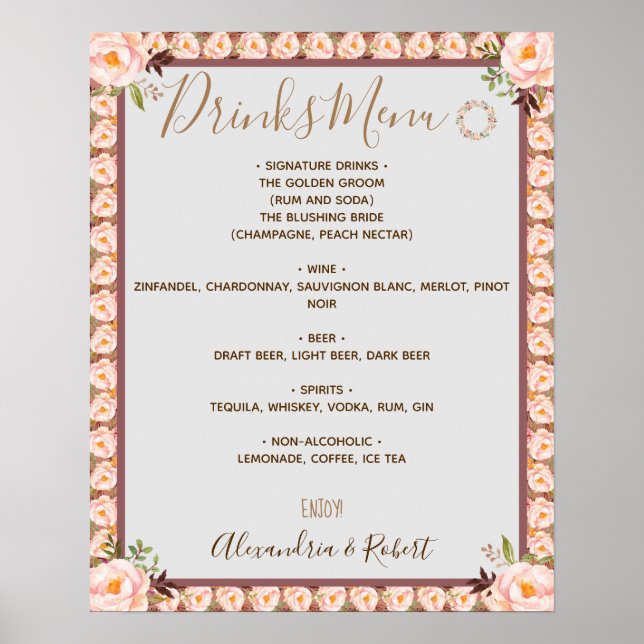 Poster Letreiro de Casamento Floral Rosa para Menu de Beb (Frente)