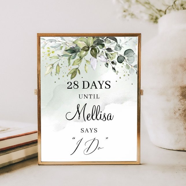 Poster Letreiro de contagem regressiva boho com folhagem  (Watercolor greenery foliage boho countdown sign)