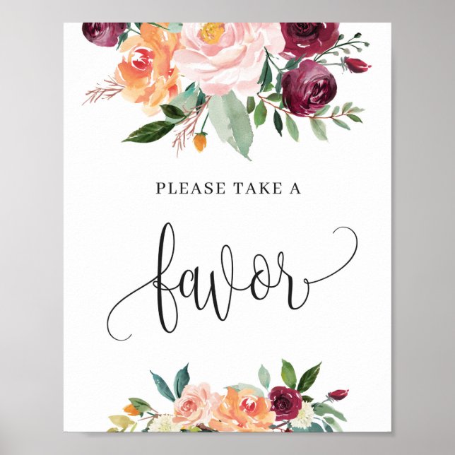 Poster letreiro de favor floral laranja burgundy de outon (Frente)
