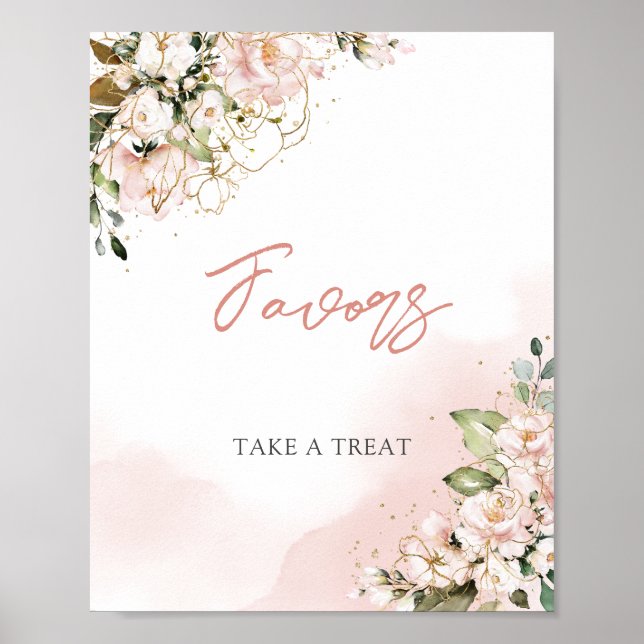 Poster Letreiro de favores boho dourado floral rosa moder (Frente)