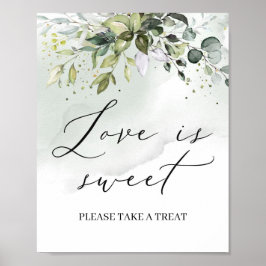 Poster Letreiro de folhagem verde em aquarela amor é doce