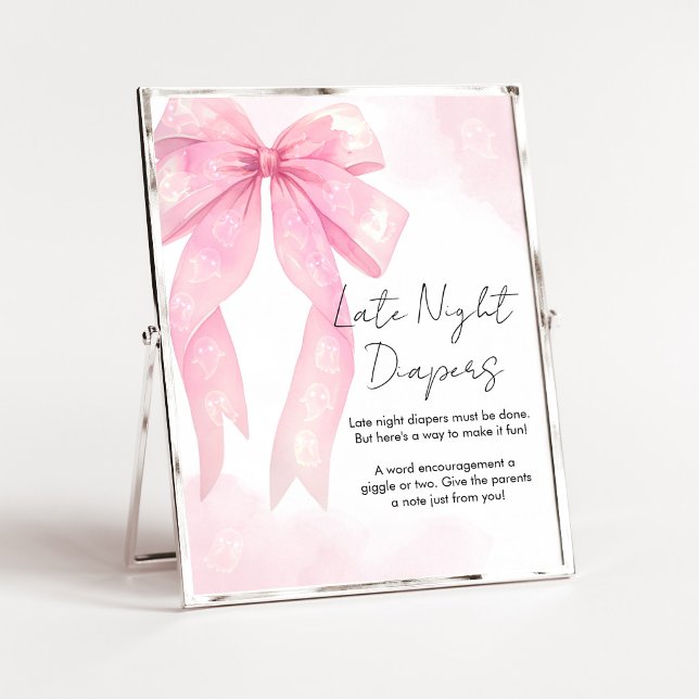 Poster Letreiro de fraldas noturnas para chá de bebê Litt (Girl Coquette Halloween Baby Shower Late Night Diapers Sign)