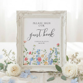 Poster Letreiro de Livro de Visitas de Casamento com Flor