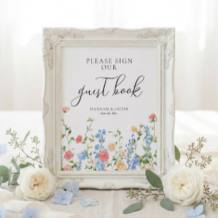 Poster Letreiro de Livro de Visitas de Casamento com Flor