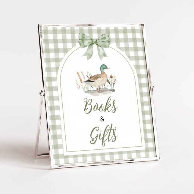 Poster Letreiro de Livros e Presentes para Bebê Pato em X (Sage Green Gingham Mallard Duck Hunting Country Baby Shower Sign )