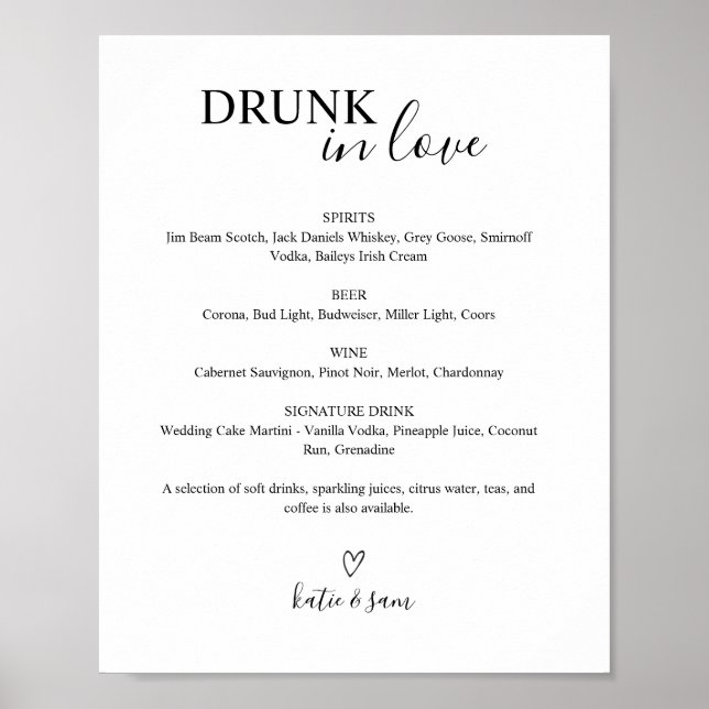 Poster Letreiro de Menu de Bar de Casamento Bebado de Amo (Frente)