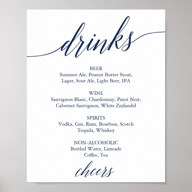 Poster Letreiro de Menu de Bebidas de Casamento com Calig (Frente)