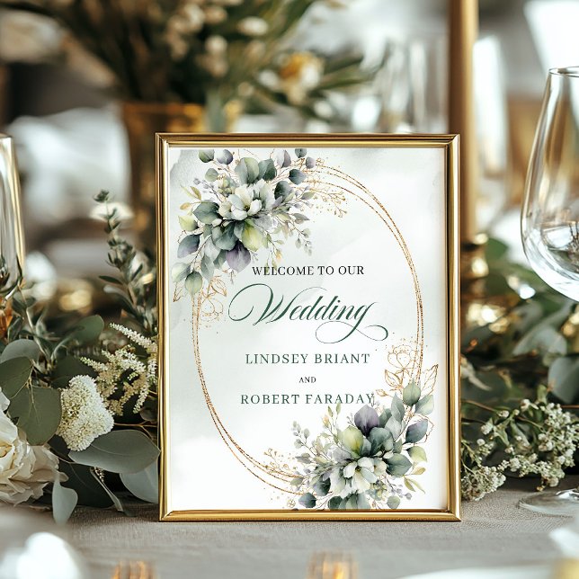 Poster Letreiro de Mesa de Casamento Bohemian Greenery Go (Bohemian Greenery Gold Tabletop Wedding Sign 8x10)