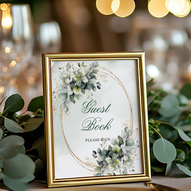 Poster Letreiro de Mesa de Livro de Visitas com Folhagem  (Dusty Green Foliage Guest Book Tabletop Sign)
