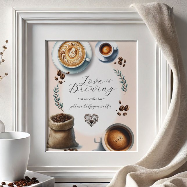 Poster Letreiro de mesa do Café Amor está Cozinhando (Bridal shower supplies coffee bar sign Love is Brewing theme)