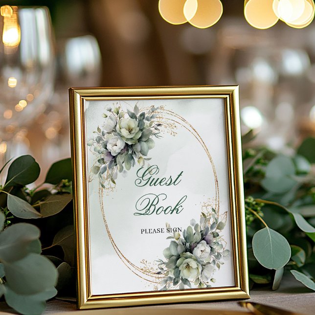 Poster Letreiro de Mesa Livro de Visitas Botânico Verde D (Greenery Botanical Gold Guest Book Tabletop Sign)