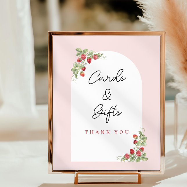 Poster Letreiro de Mesa para Chá de Bebê com Morango em A (Watercolor Strawberries Whimsical Baby Shower Tabletop Sign)