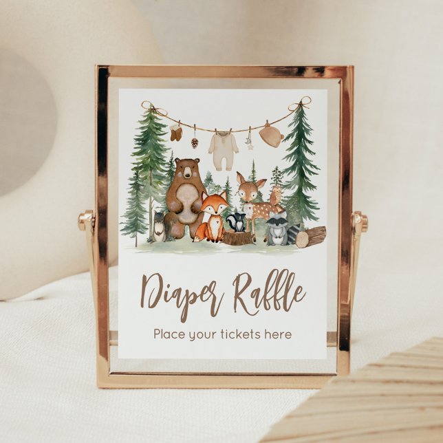 Poster Letreiro de Rifas de Fraldas para Chá de Bebê de A (Woodland Animals Adventure Awaits Rustic Baby Shower Sign)
