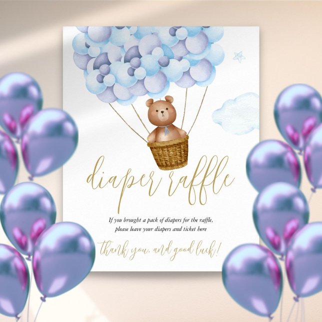 Poster Letreiro de Rifas de Fraldas Urso Teddy Azul Baby  (Diaper Raffle Teddy Bear Blue Baby Shower Sign)