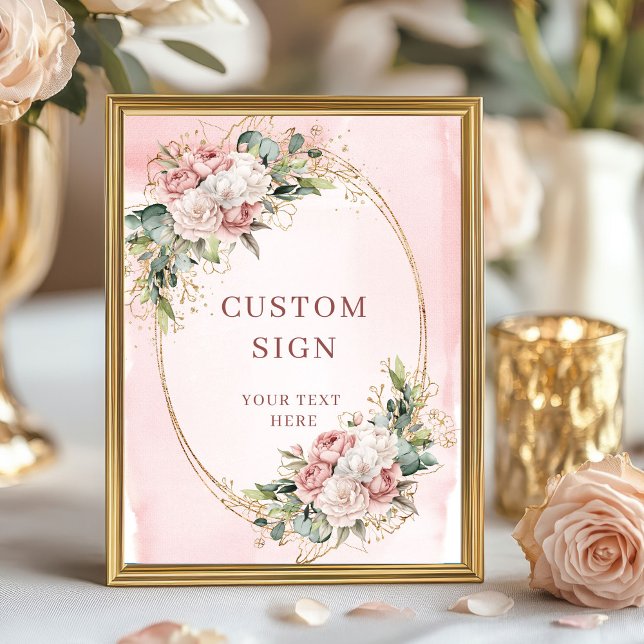 Poster Letreiro Personalizado de Flores em Aquarela Elega (Elegant Watercolor Dusty Pink Flowers Custom Sign)