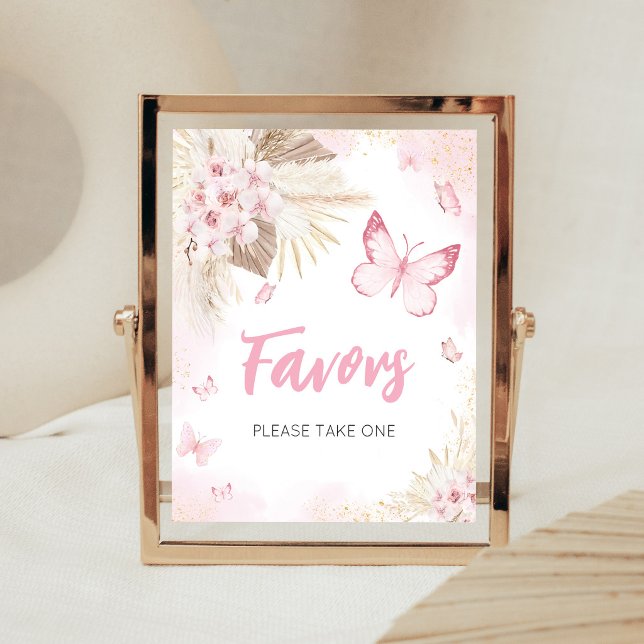 Poster Letrero de Favores para Baby Shower de Borboleta R (Girl Butterfly Pampas Grass Baby Shower Favors Sign)