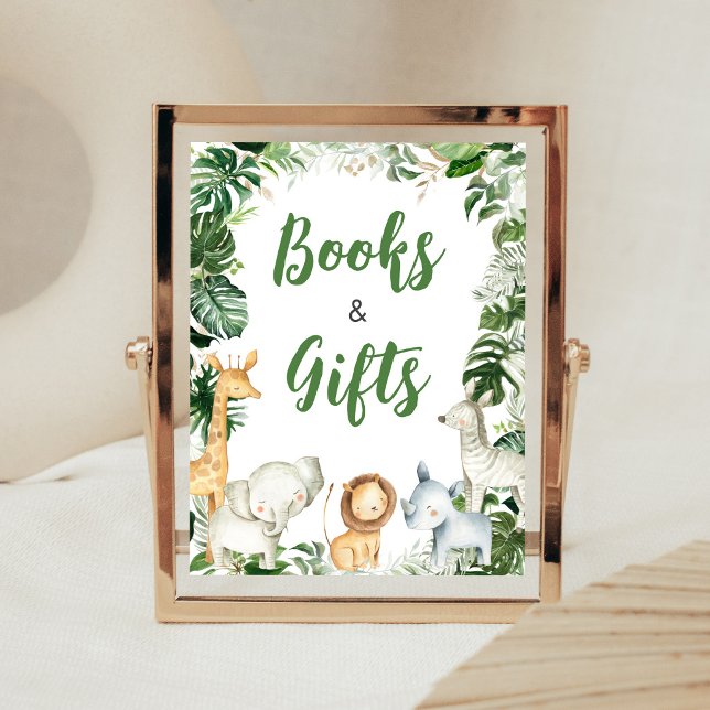 Poster Letrero de Libros y Regalos para Fiesta de Bebé Sa (Greenery Jungle Baby Shower Books and Gifts Sign)