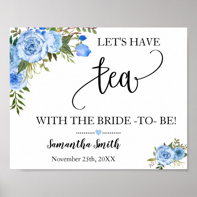 Poster Lets have tea with bride blue floral bridal shower (Frente)