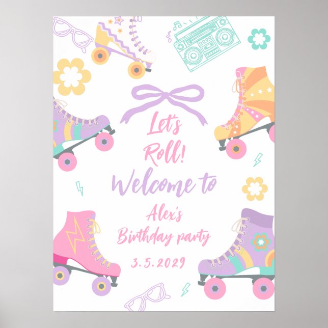 Poster Lets Roll Roller Skate Girl Birthday Welcome (Frente)