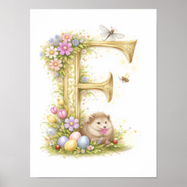 Poster Letter F Gold Spring Nature Monogram Hedgehog Kids