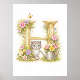 Poster Letter H Gold Spring Nature Monogram Kitten Kids