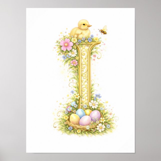 Poster Letter I Gold Spring Nature Monogram Yellow Duck (Frente)