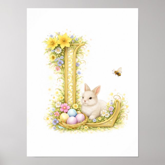 Poster Letter L Gold Spring Nature Monogram White Bunny (Frente)