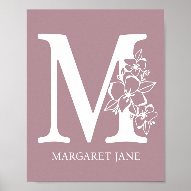 Poster Letter M Floral Monogram Name Nursery Modern  (Frente)