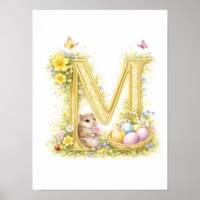 Poster Letter M Gold Spring Nature Monogram Chipmunk Kids (Frente)