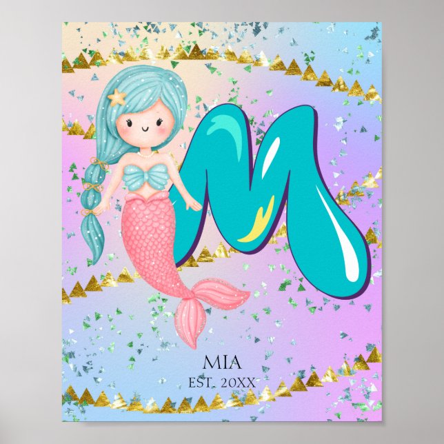Poster Letter M Monogram Watercolor Cute Mermaid Nursery (Frente)